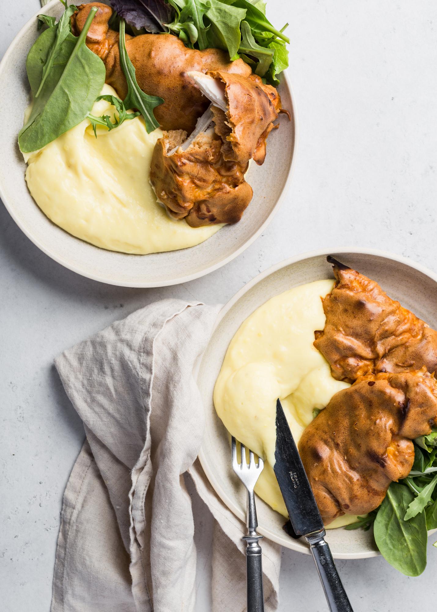 Kipschnitzel met pindakaas en aardappelpuree