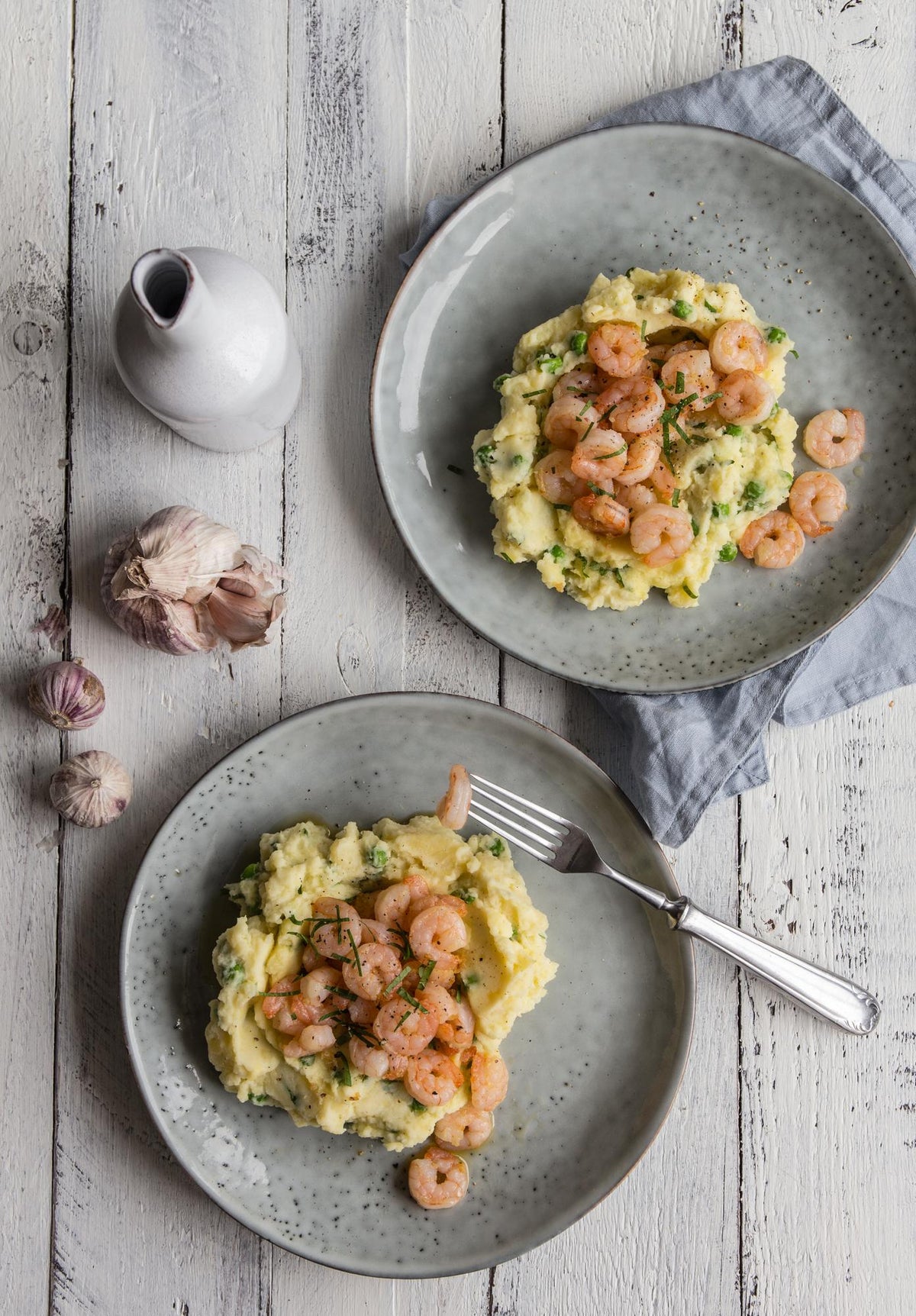 Garnalen met muntaardappelpuree