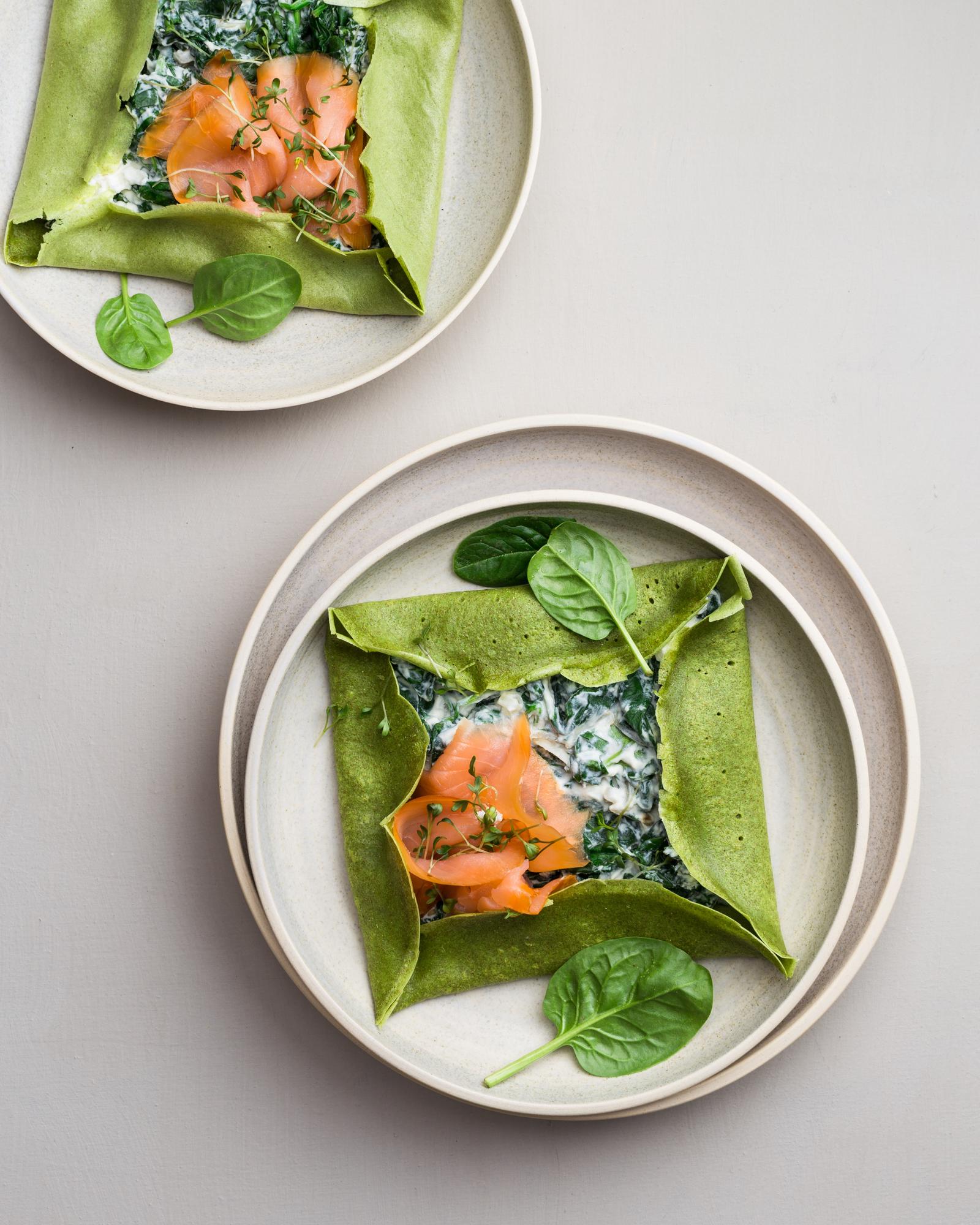 Spinaziepannenkoek met ricotta en zalm
