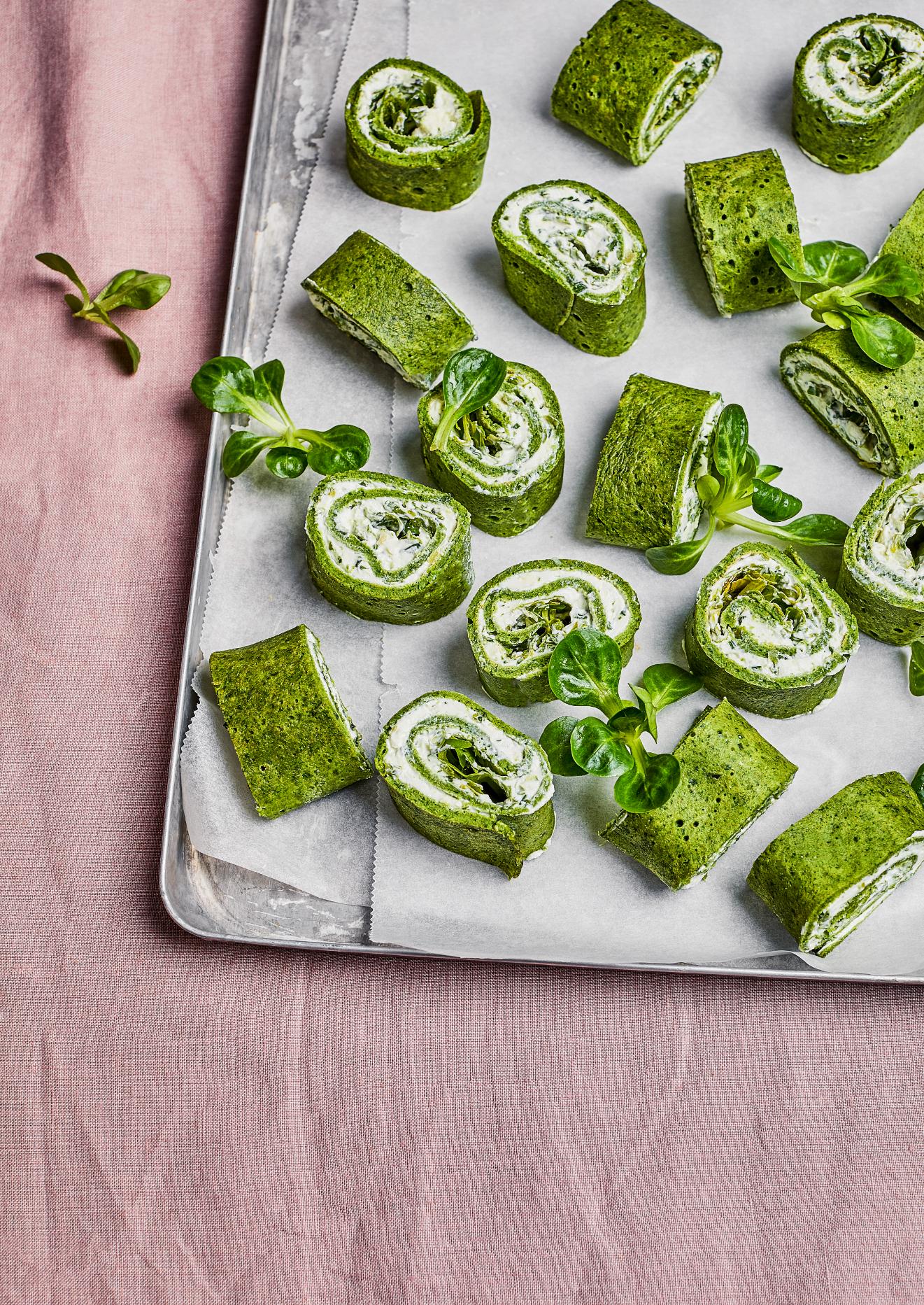 Spinaziepannenkoeken met kwark, Balkankaas en rucola