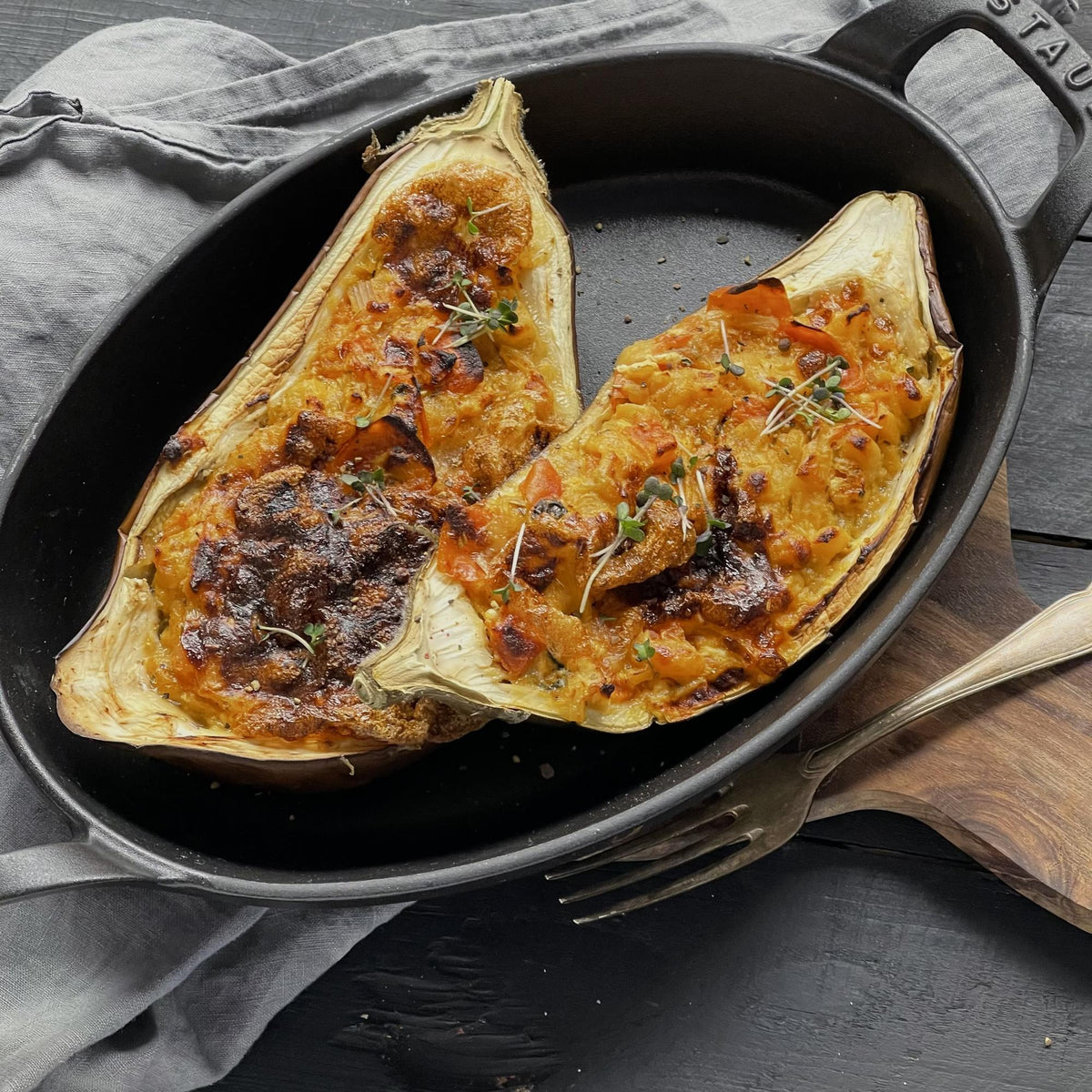 Gegratineerde aubergine met Olomouc-kaas