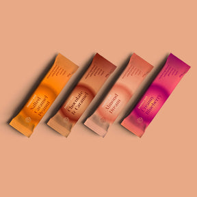 Proefverpakking met 4 energierepen – Chocolade en karamel, Romige bosbes, Amandeldroom, Gezouten karamel met pinda’s 🍫🫐🥜